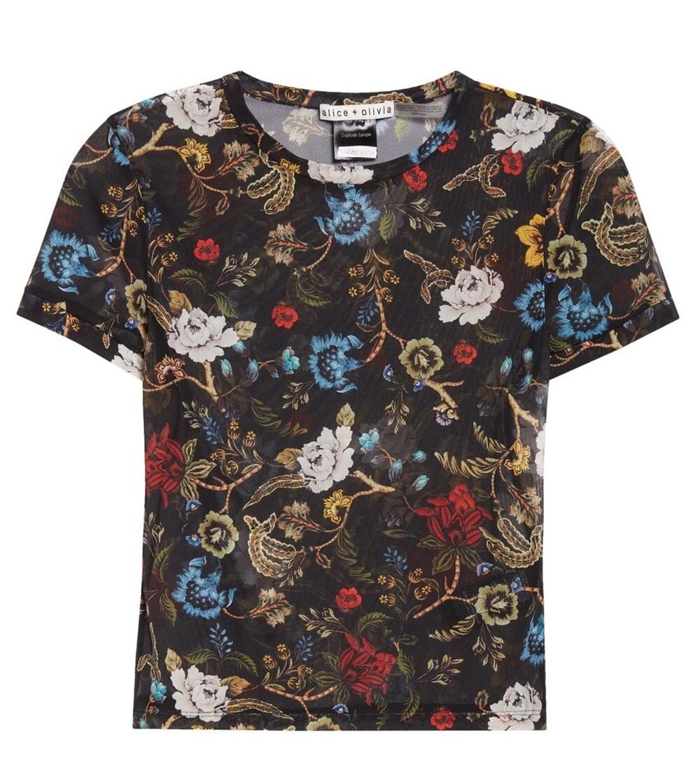 Alice & Olivia Mesh Shirt Top Black Floral XL Baroque Maximalist Tess Crew Neck